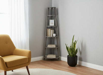 71" Gray Wood Five Tier Corner Bookcase