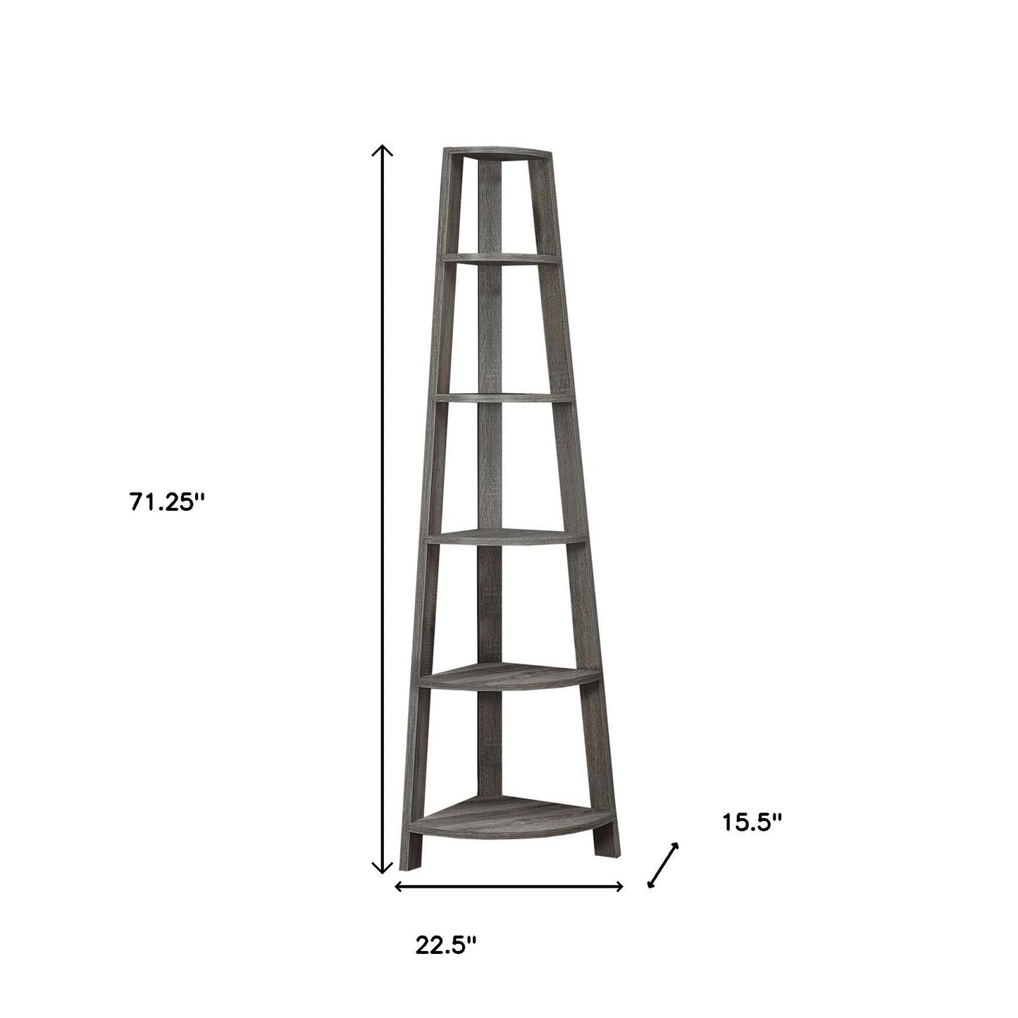 71" Gray Wood Five Tier Corner Bookcase