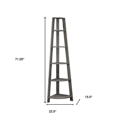 71" Gray Wood Five Tier Corner Bookcase