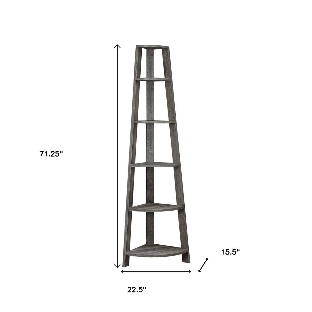 71" Gray Wood Five Tier Corner Bookcase
