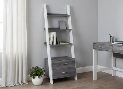 69" Gray and White Wood Ladder Bookcase With Two drawers