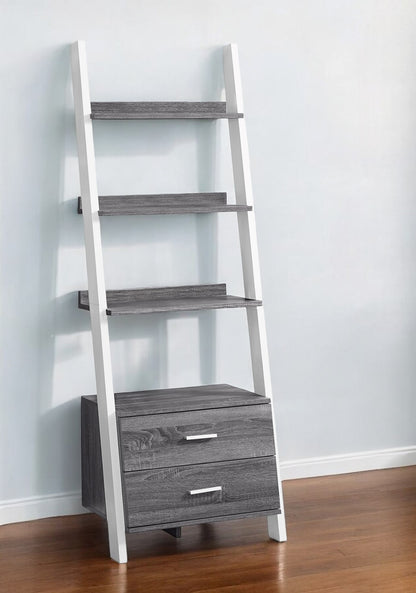 69" Gray and White Wood Ladder Bookcase With Two drawers