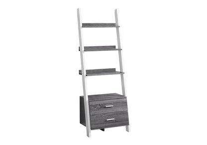 69" Gray and White Wood Ladder Bookcase With Two drawers