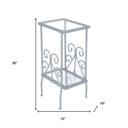 30" Silver And Clear Glass And Metal Square End Table With Shelf