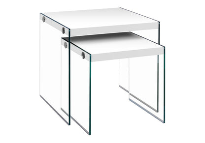 35.5" Glossy White Particle Board And Clear Glass Two Pieces Nesting Table Set