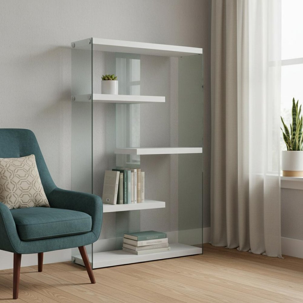 59" White And Clear Glass and Wood Four Tier Etagere Bookcase