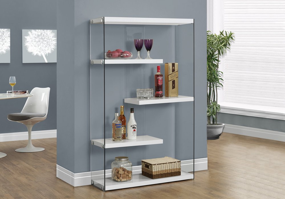 59" White And Clear Glass and Wood Four Tier Etagere Bookcase