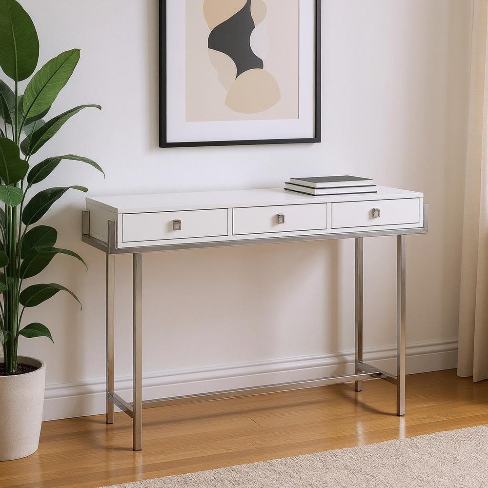 48" White and Silver Console Table And Drawers