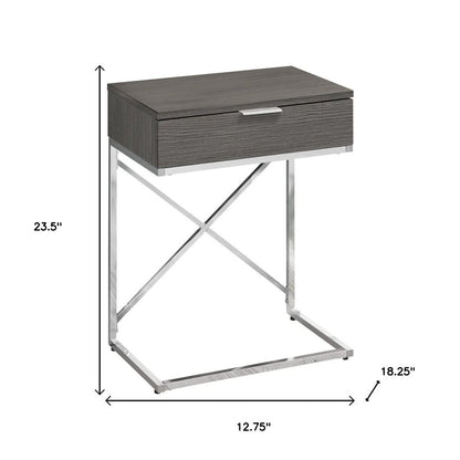 24" Silver And Gray Wood And Metal End Table With Drawer