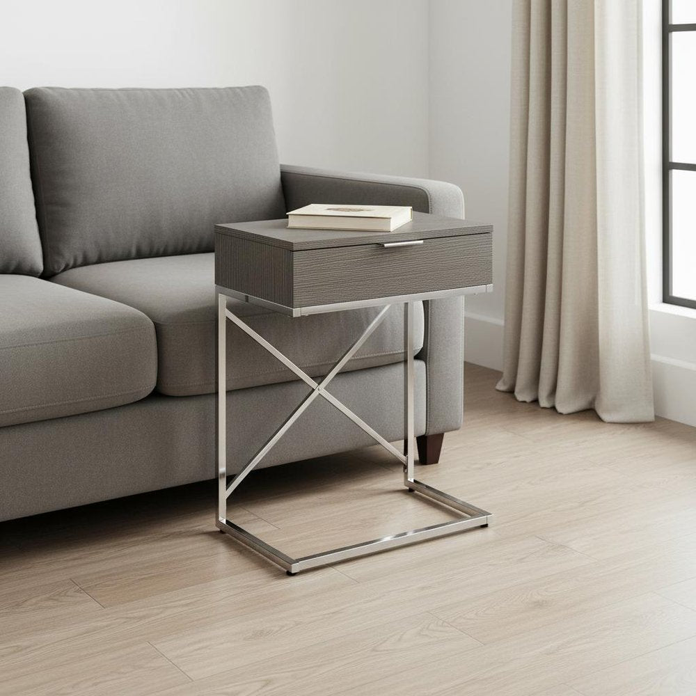 24" Silver And Gray Wood And Metal End Table With Drawer