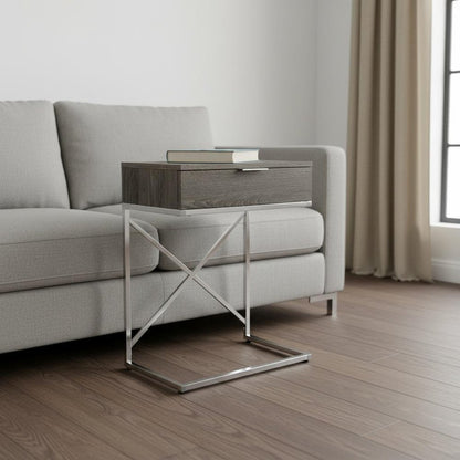 24" Silver And Gray Wood And Metal End Table With Drawer