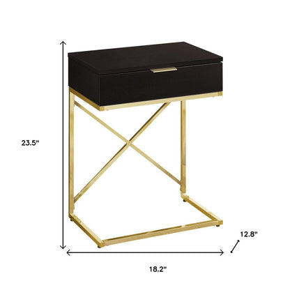 24" Gold And Black Wood And Metal End Table With Drawer