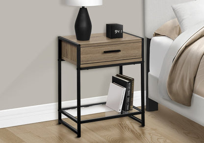 22" Black And Deep Taupe Glass And Metal End Table With Drawer And Shelf