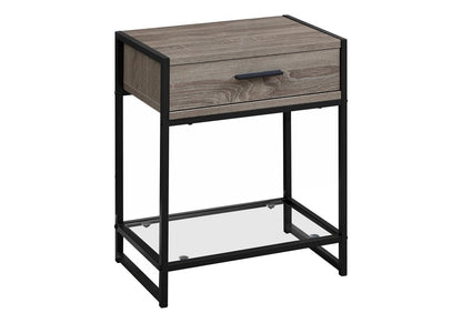 22" Black And Deep Taupe Glass And Metal End Table With Drawer And Shelf