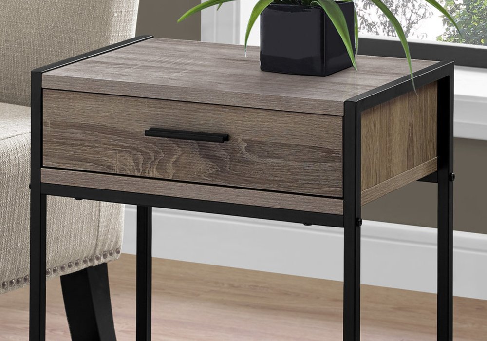 22" Black And Deep Taupe Glass And Metal End Table With Drawer And Shelf