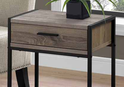 22" Black And Deep Taupe Glass And Metal End Table With Drawer And Shelf