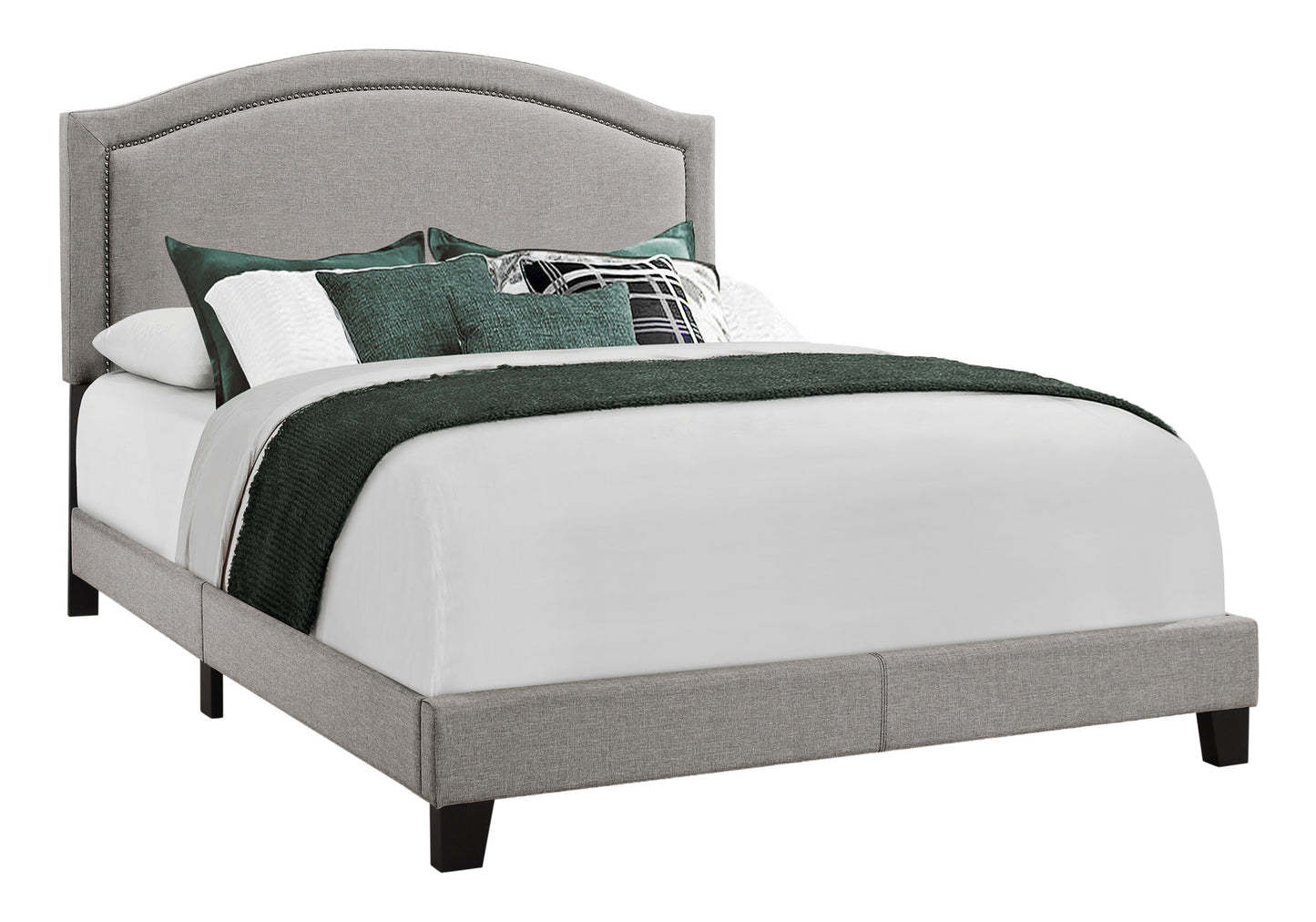 Gray Solid Wood Queen Upholstered Linen Bed Frame with Nailhead Trim