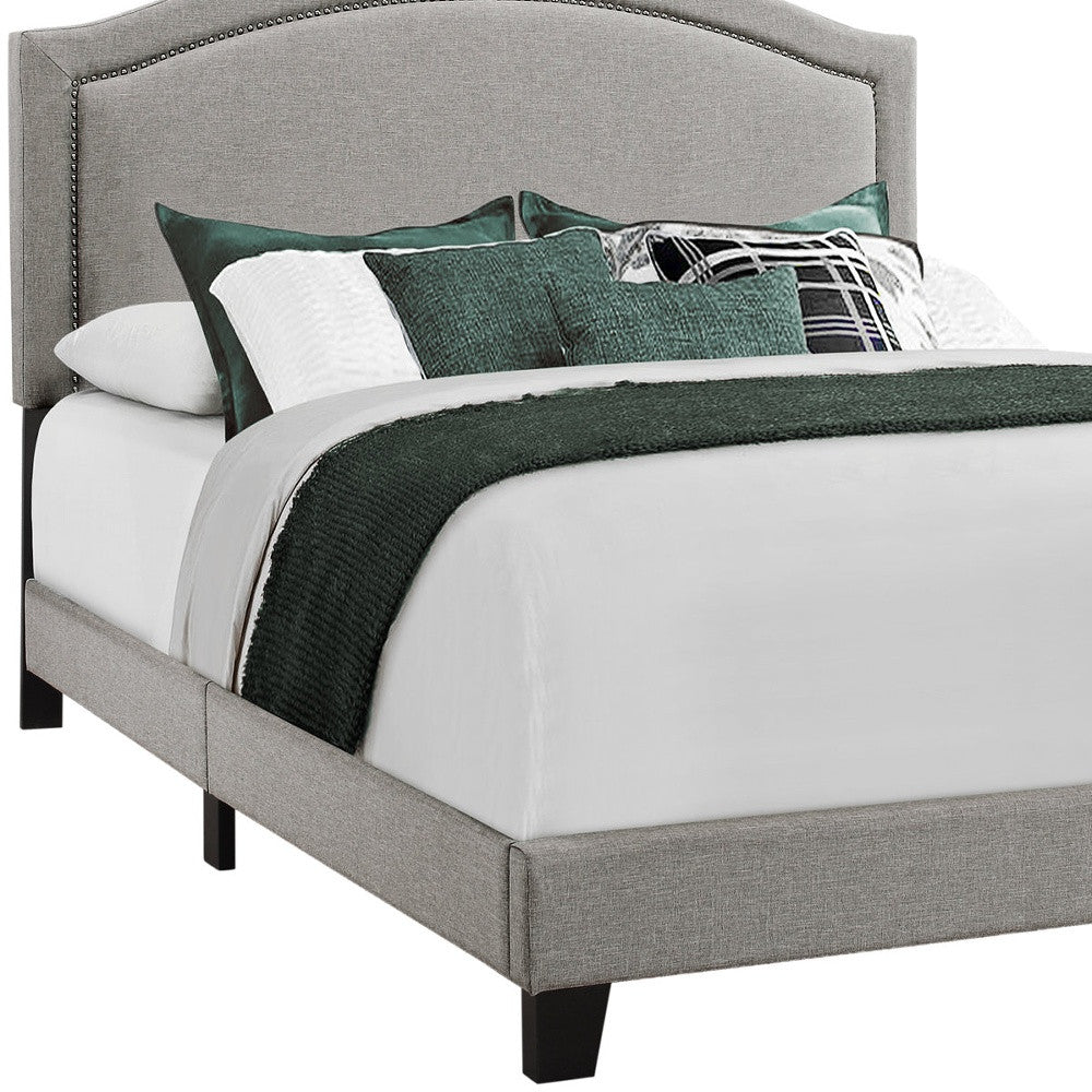 Gray Solid Wood Queen Upholstered Linen Bed Frame with Nailhead Trim