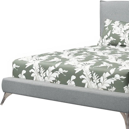 Gray Solid Wood Queen Upholstered Linen Bed Frame with Nailhead Trim