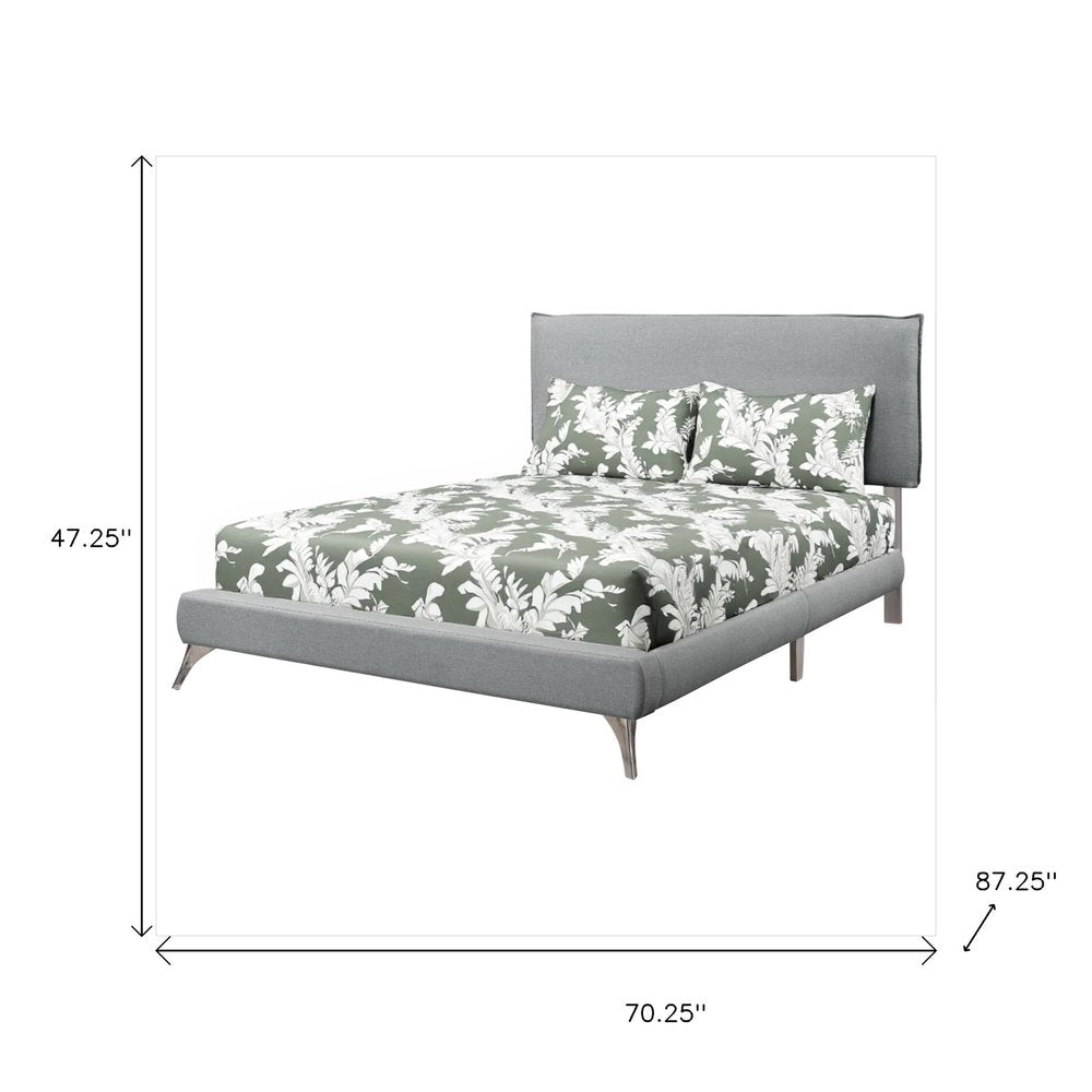 Gray Solid Wood Queen Upholstered Linen Bed Frame with Nailhead Trim