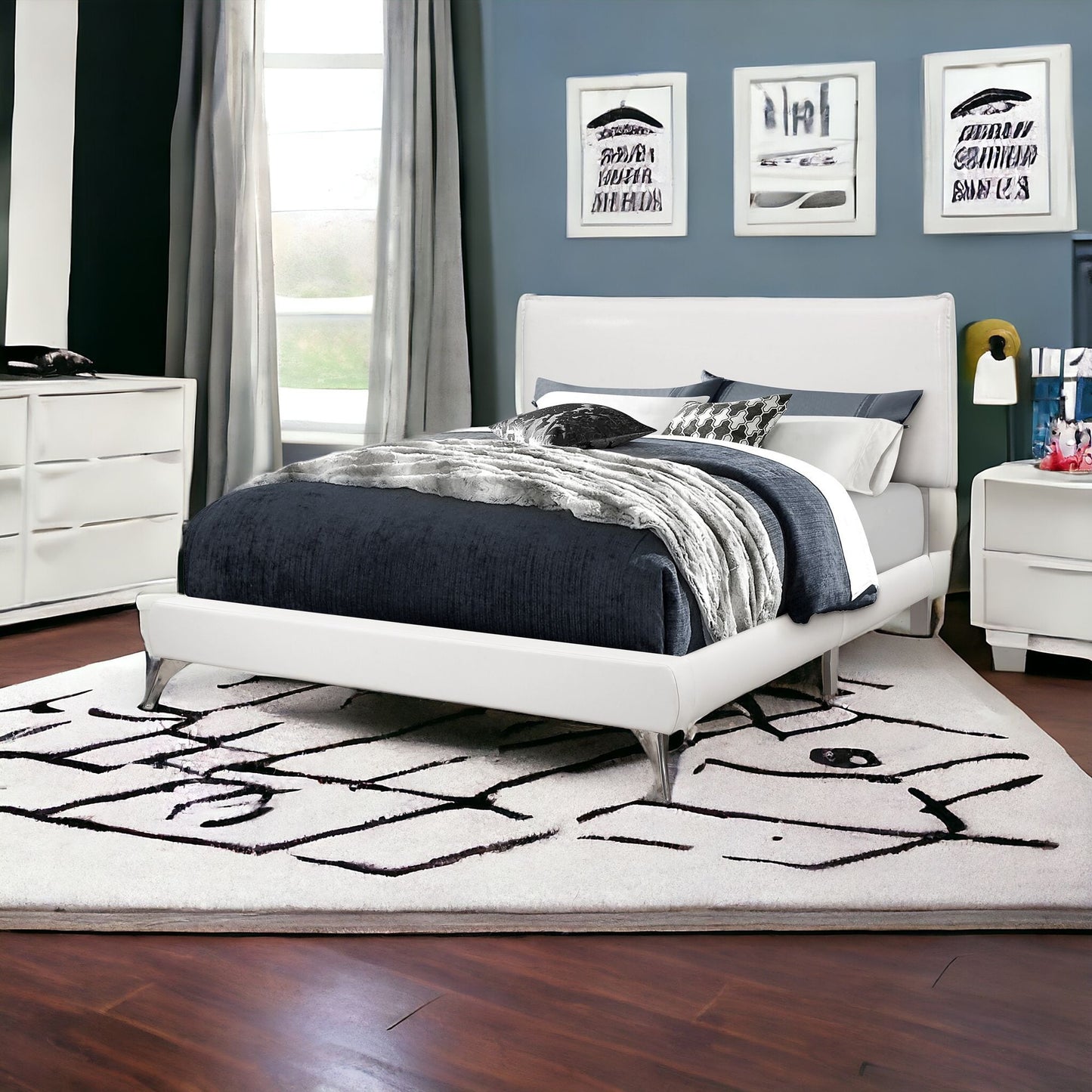 White Solid Wood Queen Upholstered Linen Bed Frame