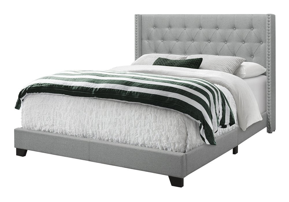 Gray Solid Wood And Tufted Linen Queen Bed Frame with Nailhead Trim