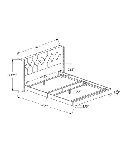 Gray Solid Wood And Tufted Linen Queen Bed Frame with Nailhead Trim
