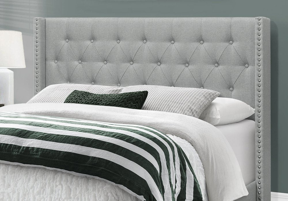 Gray Solid Wood And Tufted Linen Queen Bed Frame with Nailhead Trim