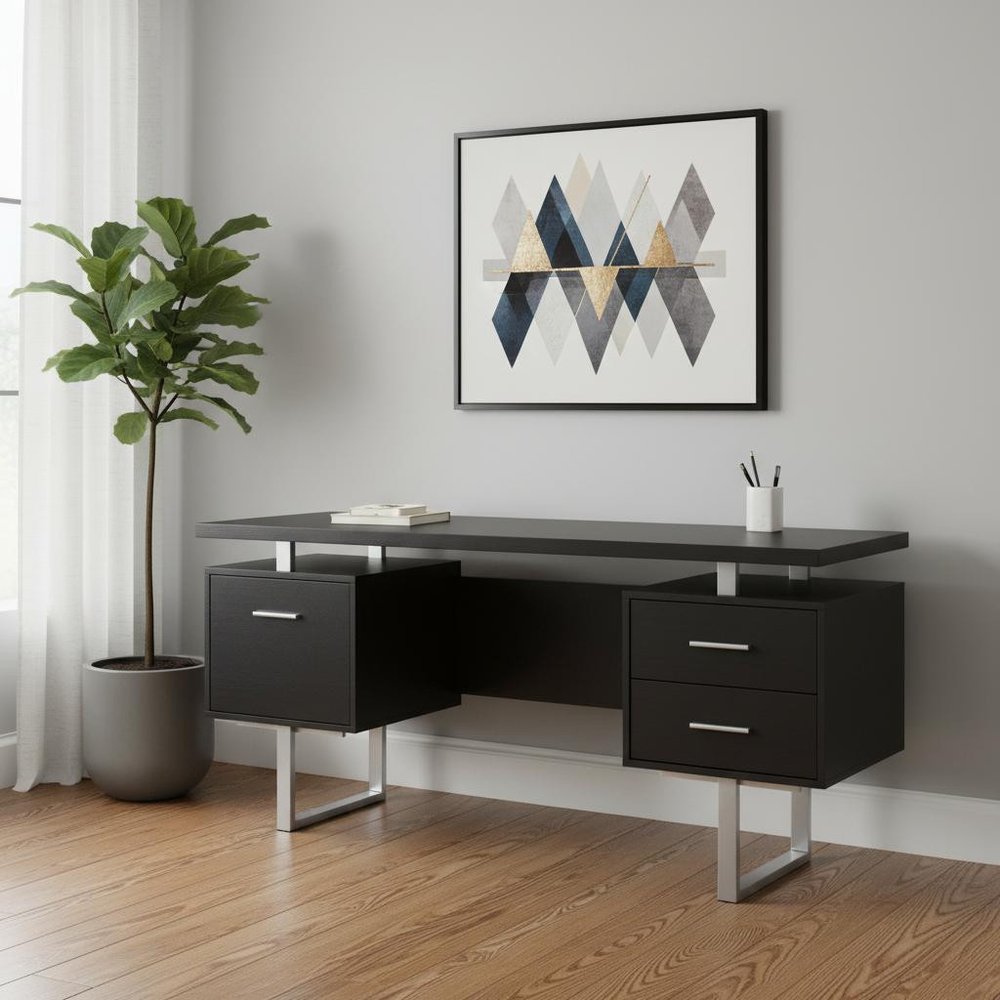 60" Taupe and Silver Computer Desk With Three Drawers