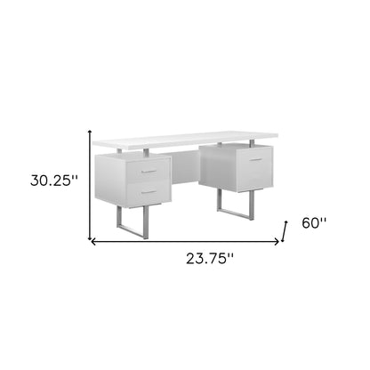 24" White and Silver Computer Desk With Three Drawers