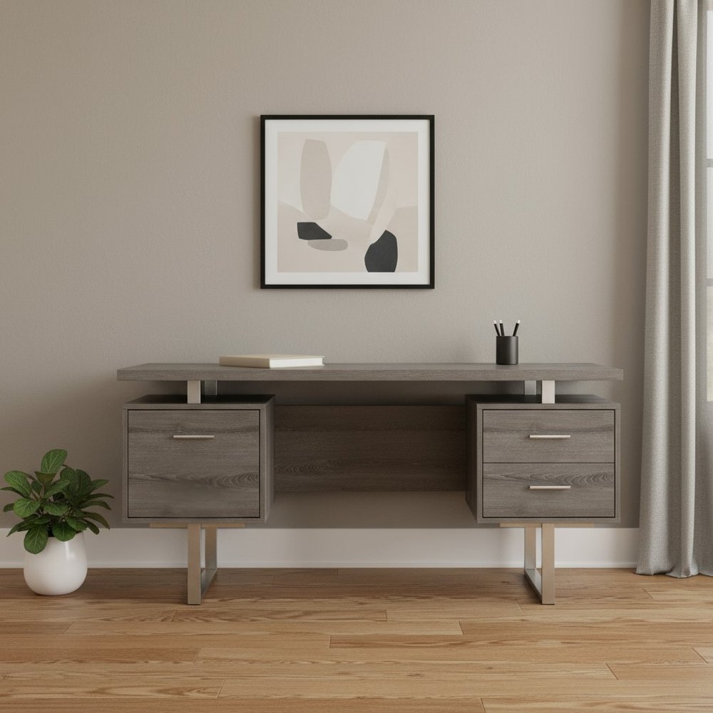 24" Taupe and Silver Computer Desk With Three Drawers