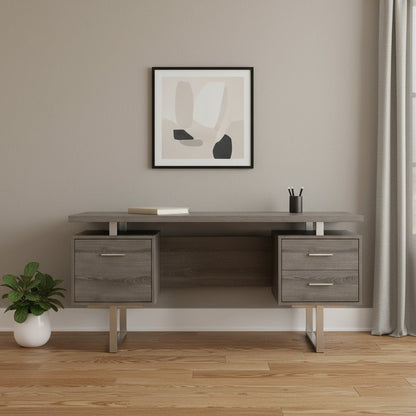 24" Taupe and Silver Computer Desk With Three Drawers