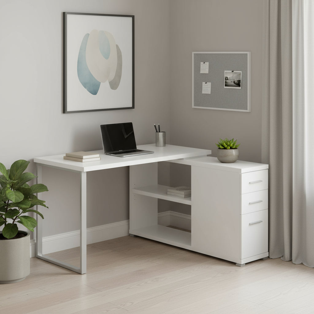 47" White and Silver L Shape Computer Desk With Three Drawers