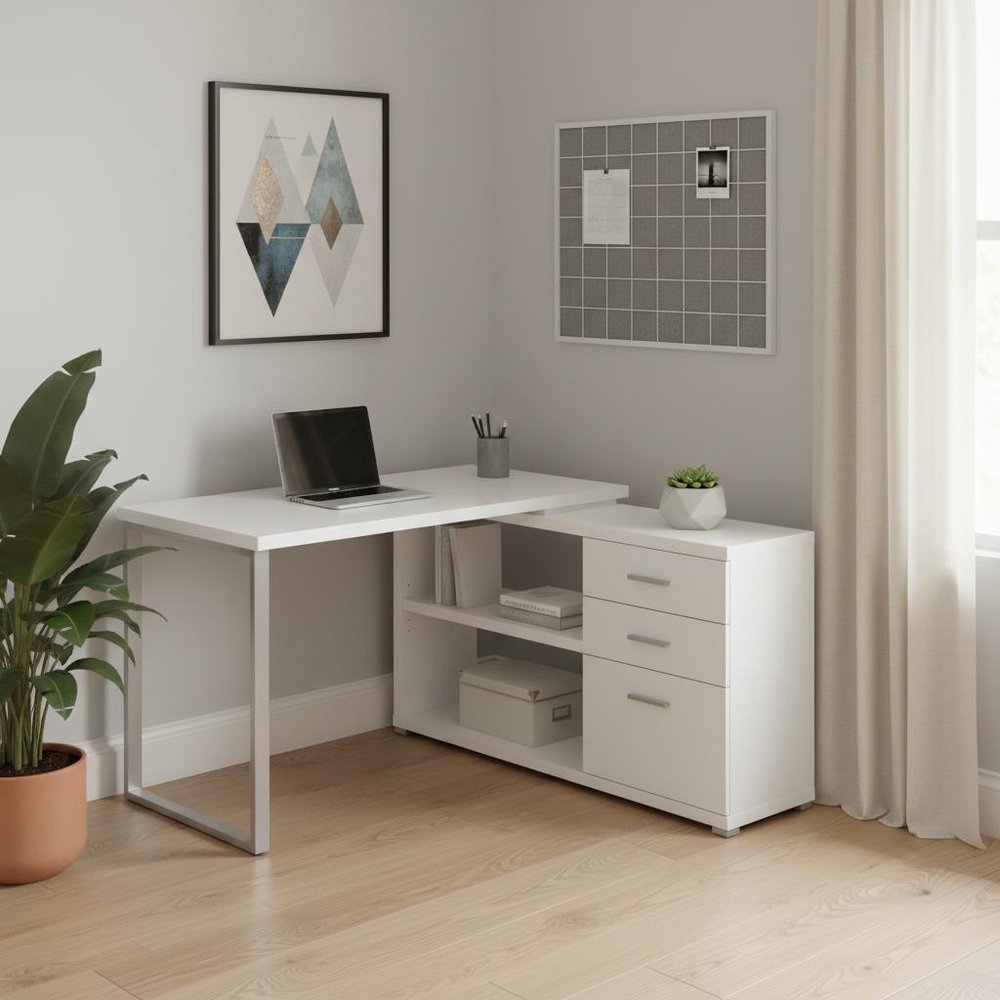 47" White and Silver L Shape Computer Desk With Three Drawers