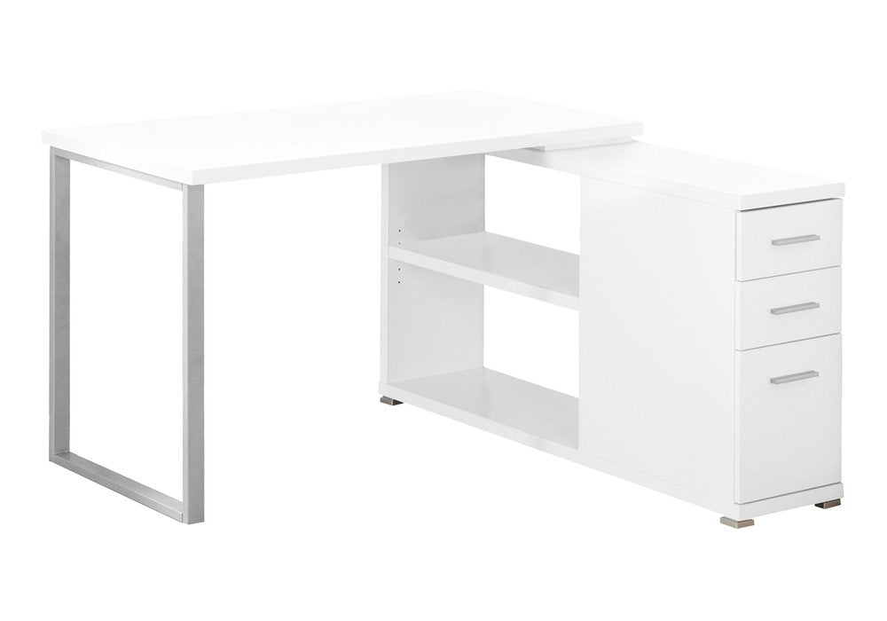 47" White and Silver L Shape Computer Desk With Three Drawers