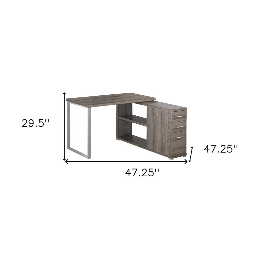 47" White and Silver L Shape Computer Desk With Three Drawers