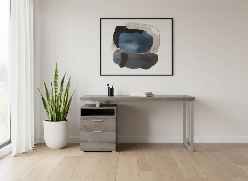 60" Taupe and Silver Computer Desk With Two Drawers
