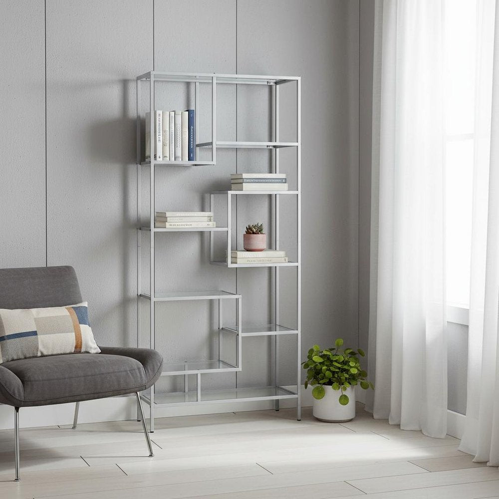 72" Silver And Clear Metal and Glass Nine Tier Etagere Bookcase