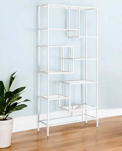 72" Silver Metal And Glass Etagere Bookcase