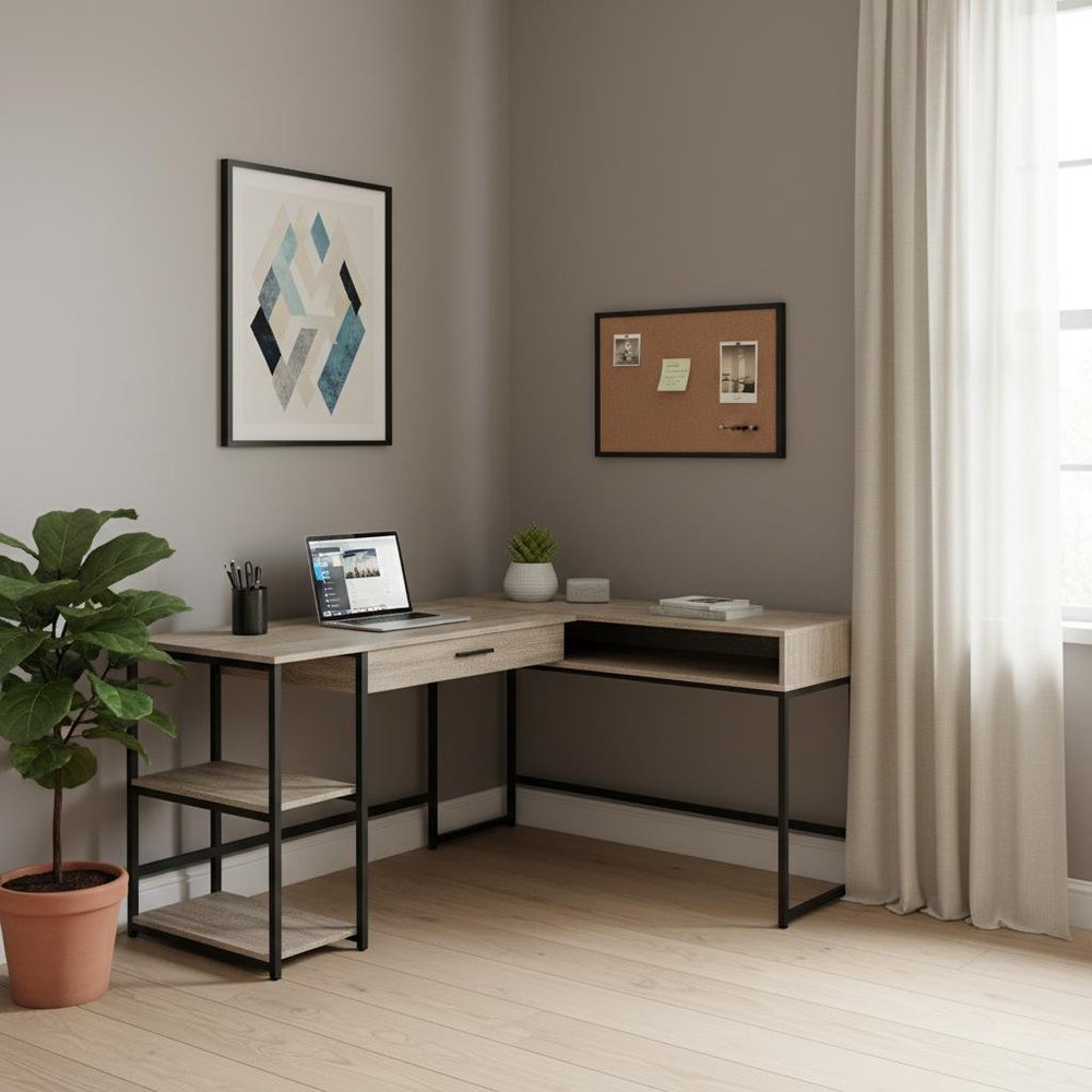 59" Taupe and Black L Shape Computer Desk