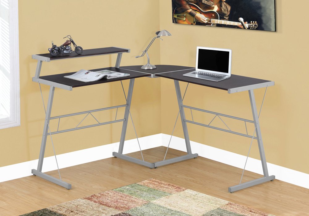 18" Dark Brown and Silver L Shape Computer Desk
