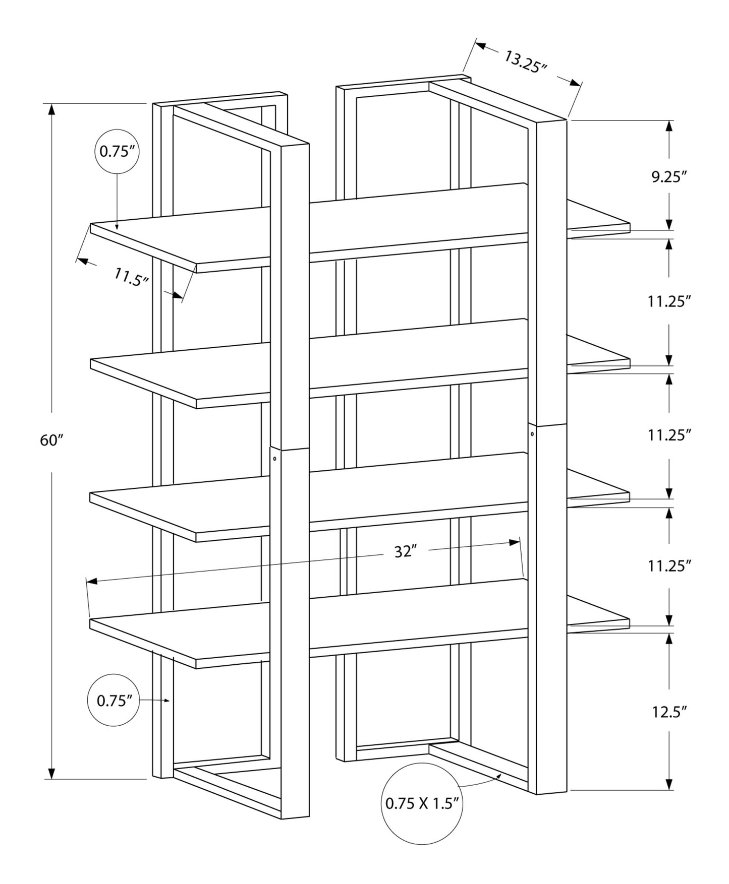 60" Espresso Metal Four Tier Bookcase