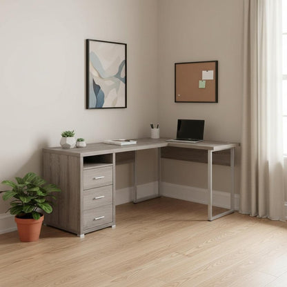 47" Taupe and Silver L Shape Computer Desk With Two Drawers