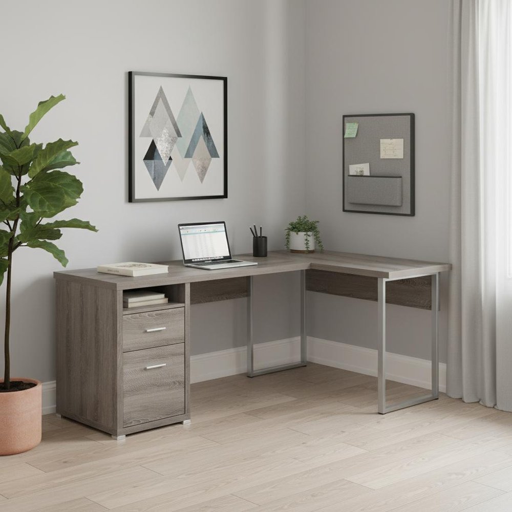 78" Gray and Silver L Shape Computer Desk With Two Drawers