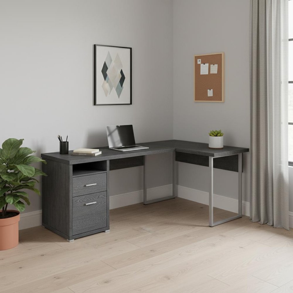 79" Taupe and Silver L Shape Computer Desk With Two Drawers