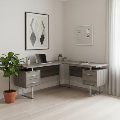 71" Gray and Silver L Shape Computer Desk With Three Drawers