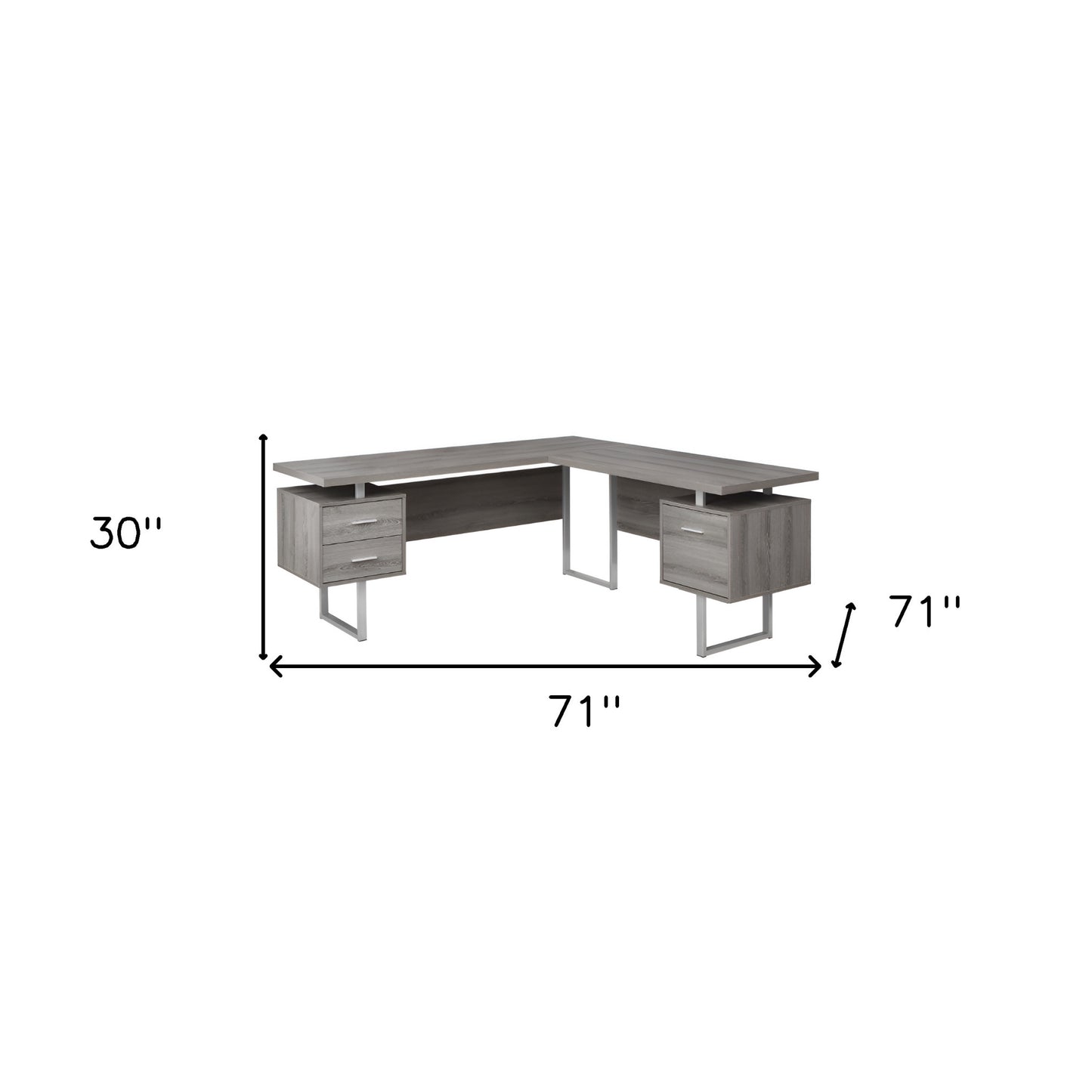 71" Gray and Black L Shape Computer Desk With Three Drawers