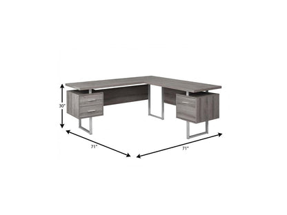 71" Gray and Silver L Shape Computer Desk With Three Drawers