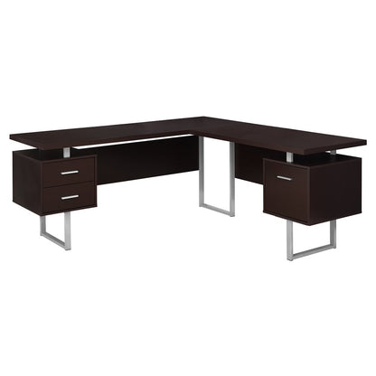 71" Taupe and Silver L Shape Computer Desk With Three Drawers