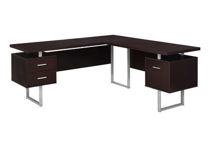 71" Taupe and Silver L Shape Computer Desk With Three Drawers